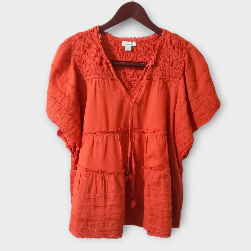 Sundance Antonia Tiered Flutter Sleeve‎ Peasant Top Small Tassel Orange Smocked